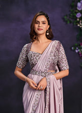 Lavendar Pure Crape Georgette Embroidered Ready to Wear Saree